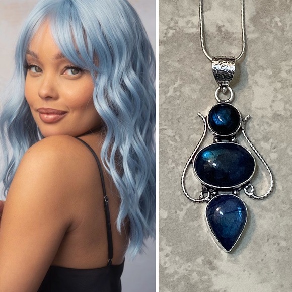 🌺 ROYAL LABRADORITE NECKLACE TRIPLE STONE PENDANT BOHO GYPSY GEMSTONE FESTIVAL - Picture 9 of 9